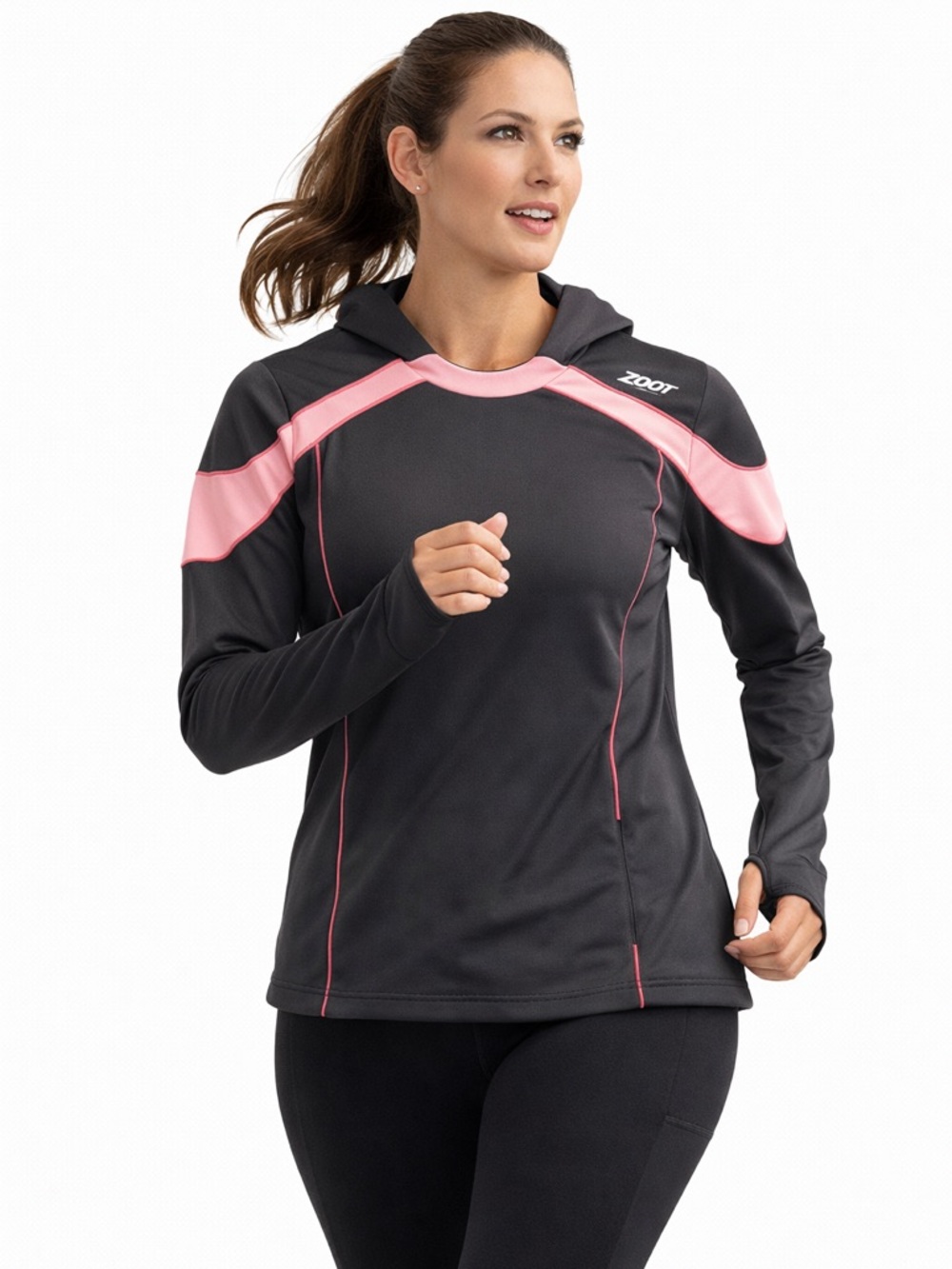 Zoot Women’s XL Running Hoodie Pink Gray Thumbholes Zip Pocket Performance Top